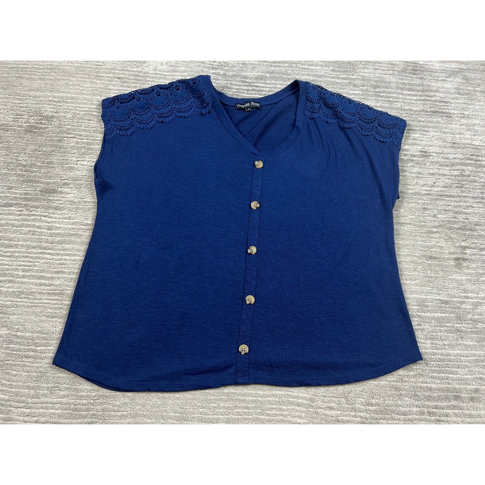 Vintage Rose Top Womens 1X Navy Blue Button Front Crochet Lace Shoulder Waffle